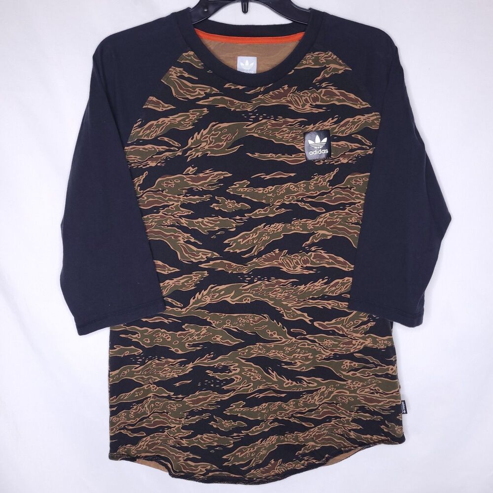 Adidas T Shirt Mens Medium Black Camo Raglan 3/4 Sleeve